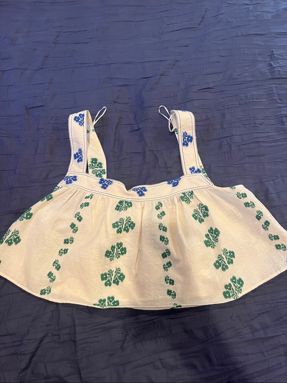 Zara Cream Crop Top with Green Floral Print & Blue Trim